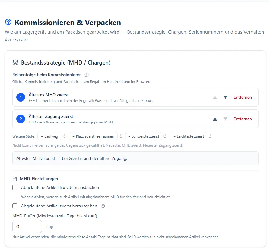 Einstellungen Kommissionieren und Verpacken in BIS ERP: Bestandsstrategie mit der Reihenfolge 1. Ältestes MHD zuerst und 2. Ältester Zugang zuerst, weitere Stufen Laufweg, Platz zuerst leerräumen, Schwerste zuerst, Leichteste zuerst, darunter MHD-Einstellungen und MHD-Puffer in Tagen