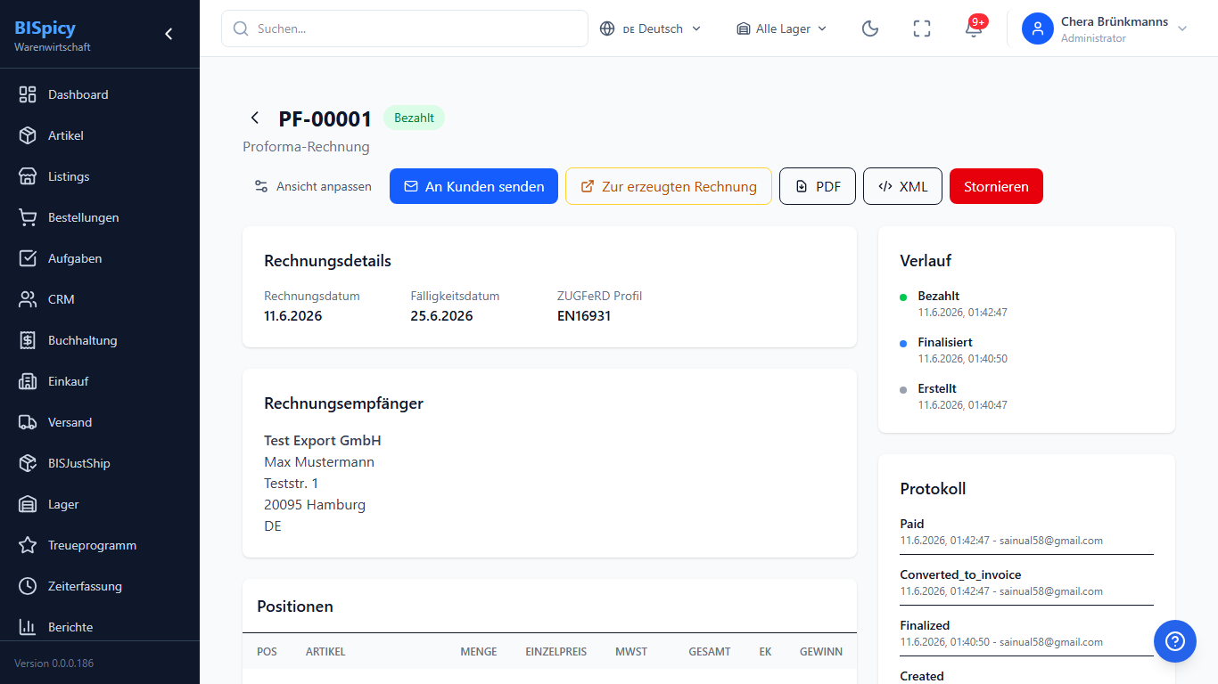Bereits umgewandelte Proforma-Rechnung PF-00001 in BISpicy ERP mit Status Bezahlt, dem Verknuepfungs-Button Zur erzeugten Rechnung und dem Protokoll-Eintrag Converted_to_invoice