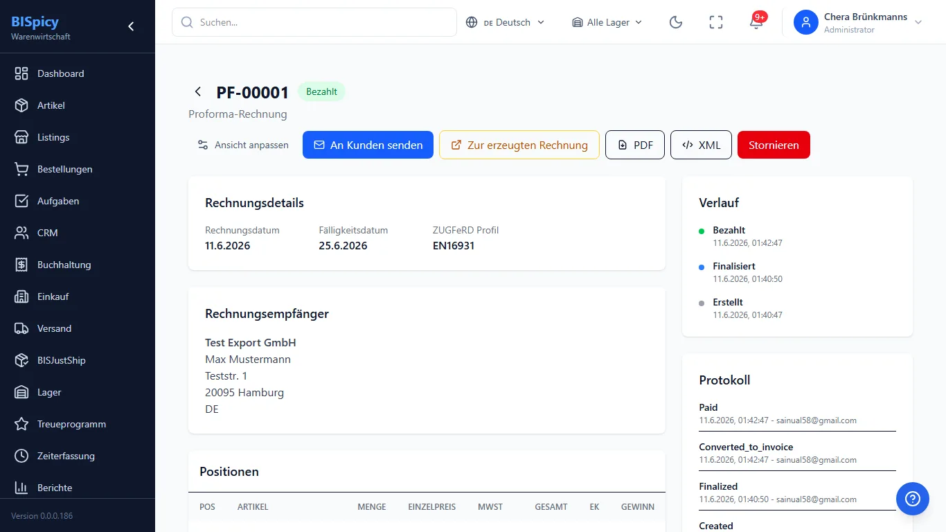 Bereits umgewandelte Proforma-Rechnung PF-00001 in BISpicy ERP mit Status Bezahlt, dem Verknuepfungs-Button Zur erzeugten Rechnung und dem Protokoll-Eintrag Converted_to_invoice