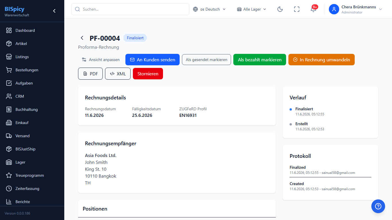 Detailansicht einer finalisierten Proforma-Rechnung PF-00004 in BISpicy ERP mit den Aktions-Buttons An Kunden senden, Als bezahlt markieren und In Rechnung umwandeln sowie Rechnungsempfaenger in Bangkok