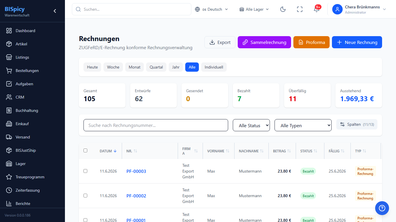 Rechnungsliste in BISpicy ERP mit dem orangefarbenen Button Proforma-Rechnung neben Sammelrechnung und Neue Rechnung sowie dem Typ-Filter Proforma-Rechnung