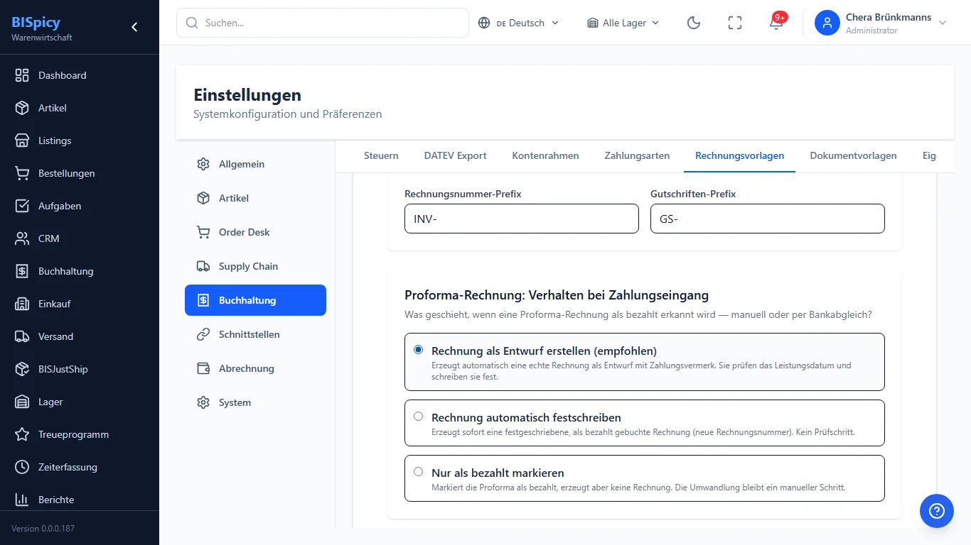 Einstellung Proforma-Rechnung Verhalten bei Zahlungseingang in BISpicy ERP mit den drei Optionen Rechnung als Entwurf erstellen empfohlen, Rechnung automatisch festschreiben und Nur als bezahlt markieren