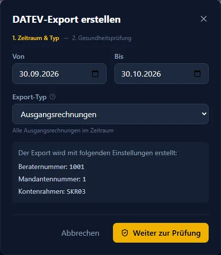 BIS ERP, Dialog DATEV-Export erstellen, Schritt 1 Zeitraum und Typ: Felder Von und Bis, Export-Typ Ausgangsrechnungen, Kasten mit Beraternummer, Mandantennummer und Kontenrahmen, Knöpfe Abbrechen und Weiter zur Prüfung