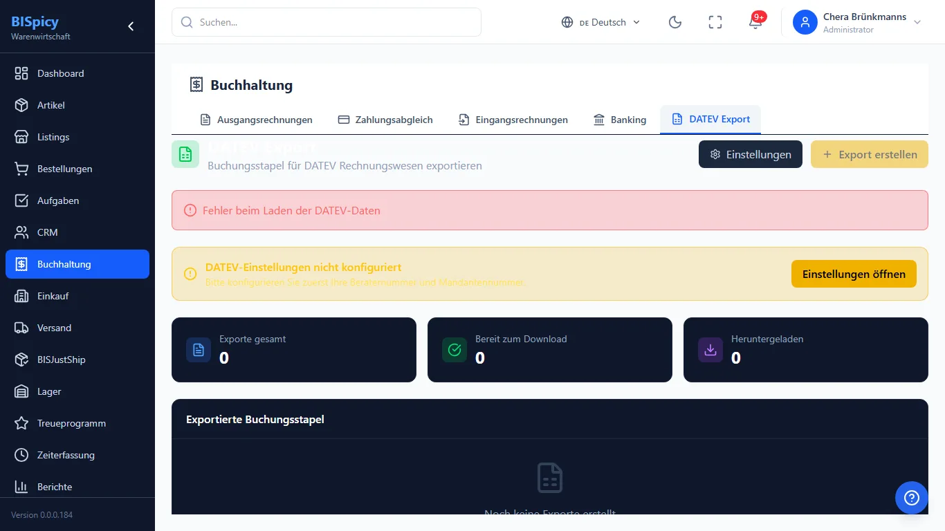 DATEV-Export in BISpicy ERP unter Buchhaltung: Buchungsstapel für das DATEV-Rechnungswesen exportieren, Hinweis dass zuerst Berater- und Mandantennummer konfiguriert werden müssen, Kennzahlen Exporte gesamt, Bereit zum Download und Heruntergeladen sowie die Liste exportierter Buchungsstapel