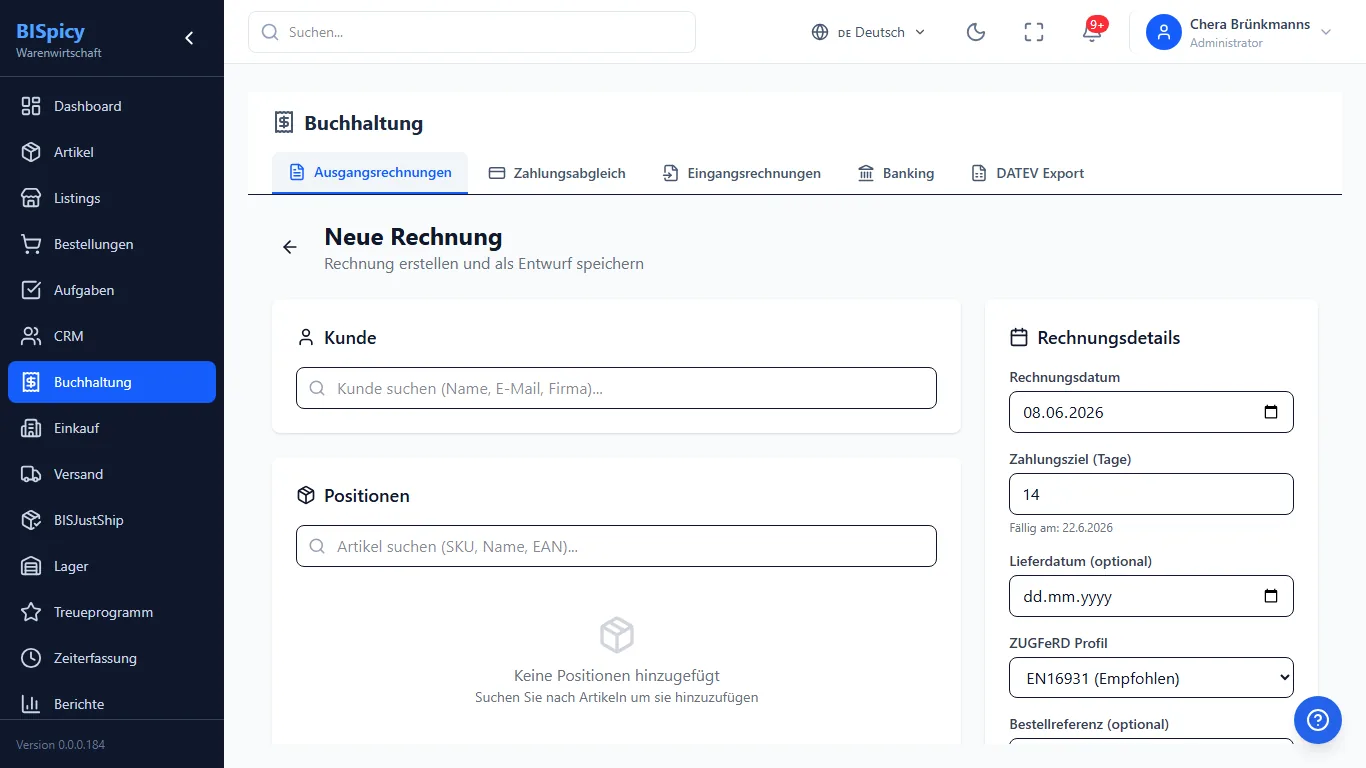 Formular Neue Rechnung in BISpicy ERP: Kunde suchen, Positionen per Artikel-Suche hinzufügen sowie Rechnungsdetails mit Rechnungsdatum, Zahlungsziel in Tagen mit berechnetem Fälligkeitsdatum, Lieferdatum und ZUGFeRD-Profil EN16931