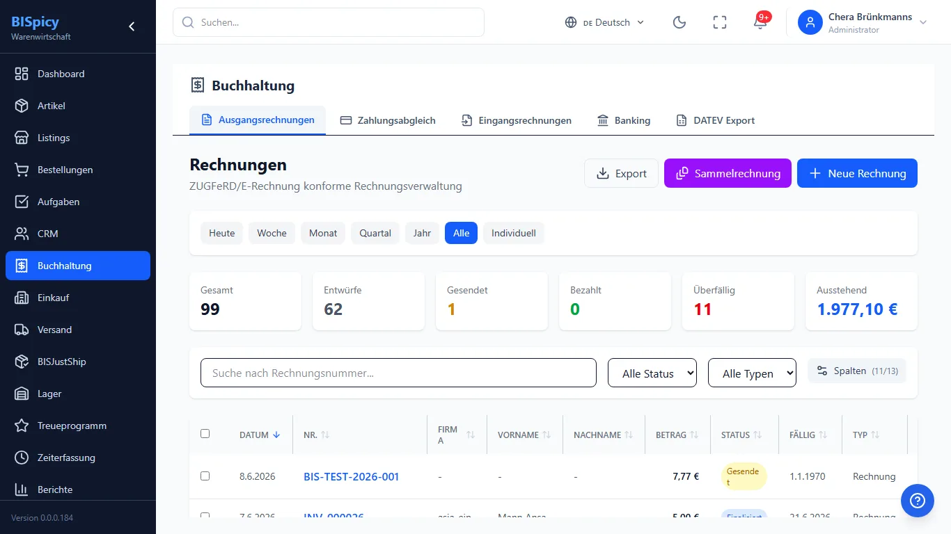 Rechnungsverwaltung in BISpicy ERP: Buchhaltung mit den Reitern Ausgangsrechnungen, Zahlungsabgleich, Eingangsrechnungen, Banking und DATEV-Export, Kennzahlen (Gesamt, Entwürfe, Gesendet, Bezahlt, Überfällig, Ausstehend) sowie Aktionen Sammelrechnung und Neue Rechnung