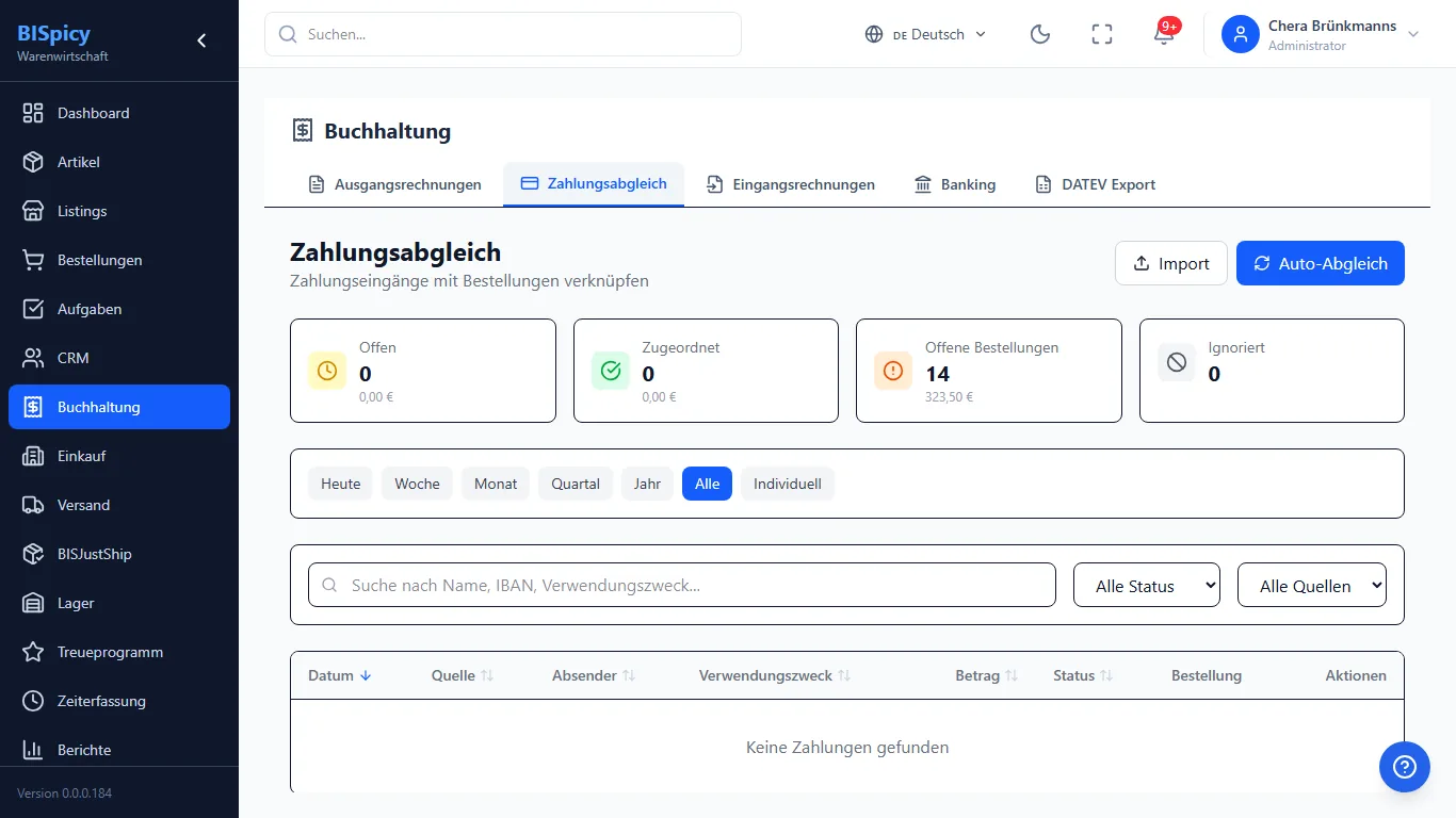 Zahlungsabgleich in BISpicy ERP unter Buchhaltung: Zahlungseingänge mit Bestellungen verknüpfen, Kennzahlen Offen, Zugeordnet, Offene Bestellungen und Ignoriert, Aktionen Import und Auto-Abgleich sowie eine Tabelle mit Datum, Quelle, Absender, Verwendungszweck, Betrag, Status und Bestellung