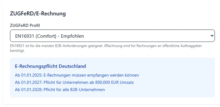 BIS ERP, Einstellungen, Buchhaltung, Rechnungsvorlagen, Abschnitt ZUGFeRD/E-Rechnung: Auswahl ZUGFeRD Profil mit EN16931 (Comfort) - Empfohlen und Kasten E-Rechnungspflicht Deutschland