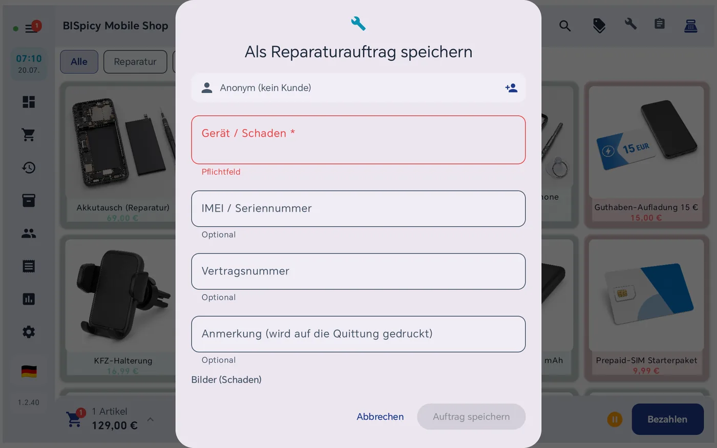 Leerer Dialog Als Reparaturauftrag speichern mit Kundenauswahl und den Feldern Gerät/Schaden, IMEI/Seriennummer, Vertragsnummer und Anmerkung