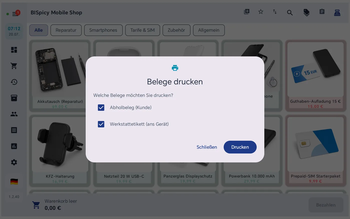 Dialog Belege drucken mit den angehakten Optionen Abholbeleg für den Kunden und Werkstattetikett für das Gerät