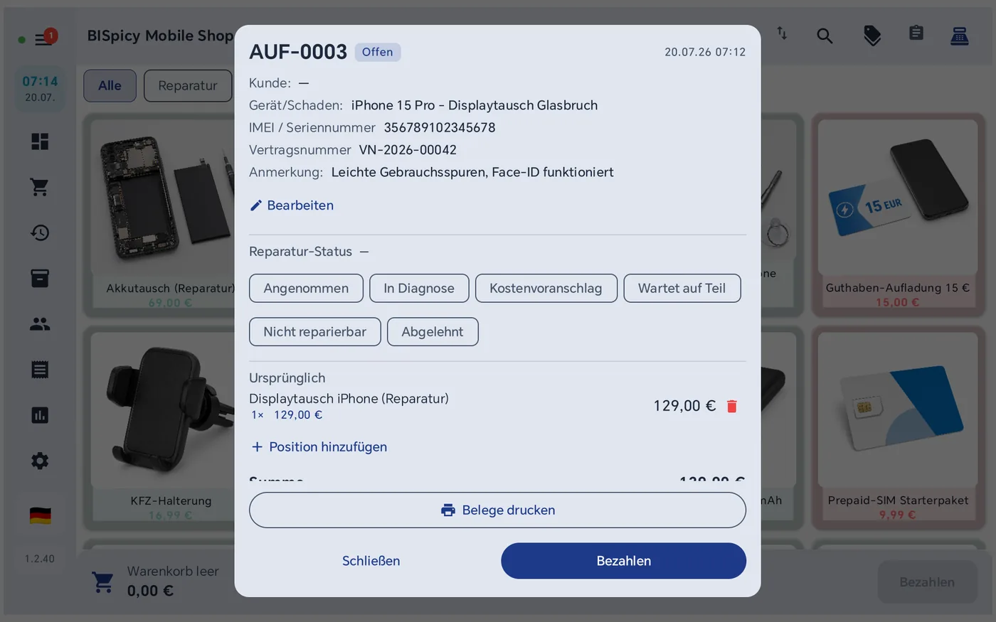 Detailansicht eines Reparaturauftrags mit Gerät/Schaden, IMEI, Vertragsnummer, Anmerkung, Statusstufen sowie den Schaltflächen Belege drucken und Bezahlen