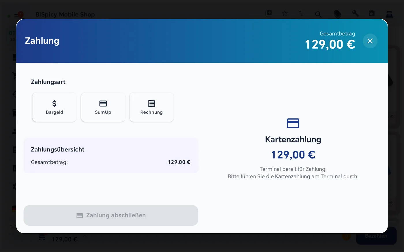Zahlungsdialog mit den Zahlungsarten Bargeld, SumUp und Rechnung sowie der Zahlungsübersicht