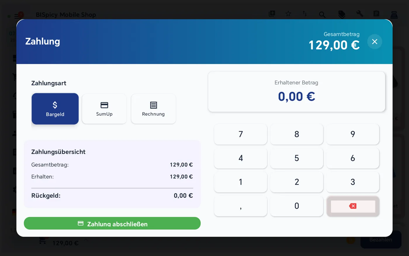 Zahlungsdialog mit gewählter Zahlungsart Bargeld, Zifferntastatur, passendem Betrag und 0,00 Euro Rückgeld