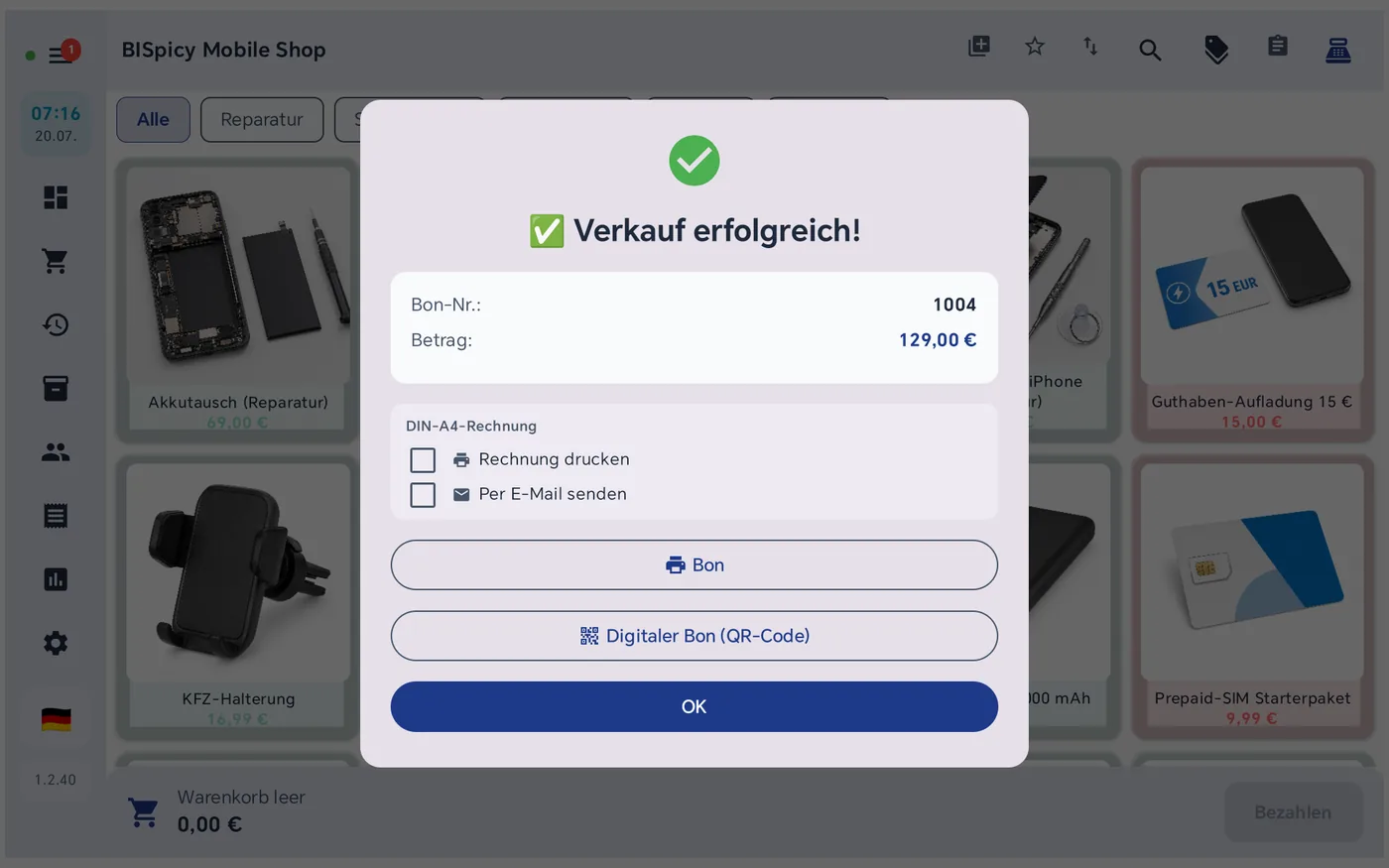 Bestätigung Verkauf erfolgreich mit Bonnummer und Betrag, den Optionen Rechnung drucken und Per E-Mail senden sowie den Schaltflächen Bon und Digitaler Bon
