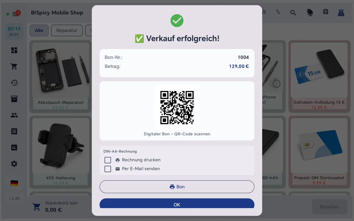 Bestätigungsdialog mit eingeblendetem QR-Code für den digitalen Bon