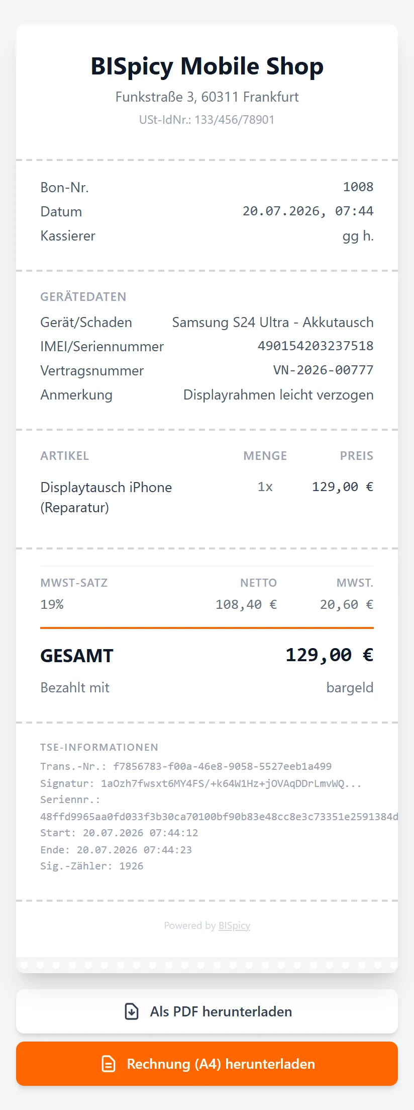 Digitaler Bon im Browser mit Abschnitt Gerätedaten, Positionen, Mehrwertsteuer-Aufschlüsselung, TSE-Informationen und den Schaltflächen Als PDF herunterladen und Rechnung A4 herunterladen