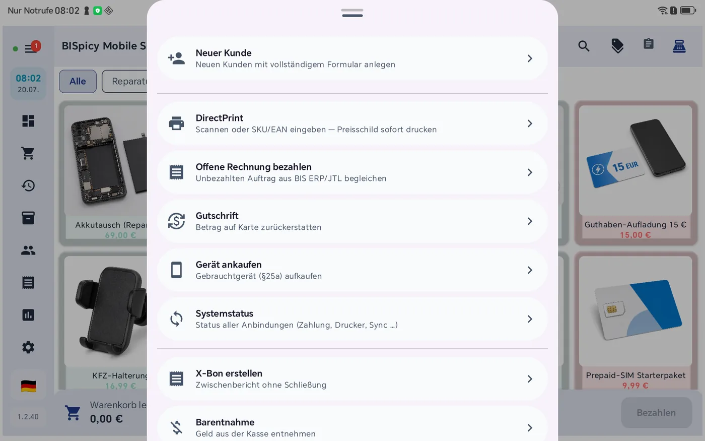Menü Kassenverwaltung mit den Einträgen DirectPrint, Offene Rechnung bezahlen, Gutschrift, Gerät ankaufen und Systemstatus