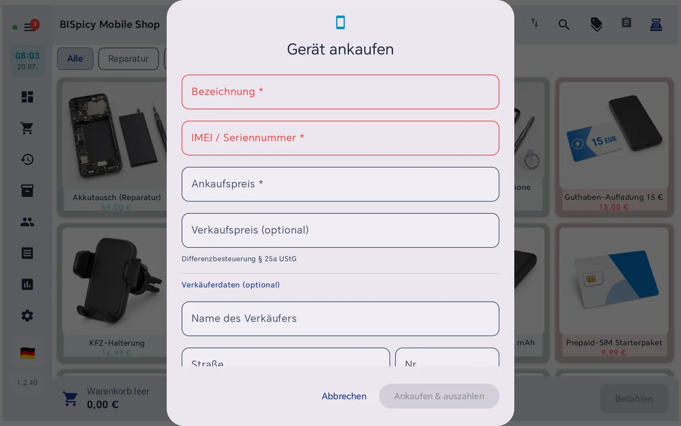Leerer Dialog Gerät ankaufen mit den Pflichtfeldern Bezeichnung und IMEI/Seriennummer, Ankaufspreis, Verkaufspreis und optionalen Verkäuferdaten