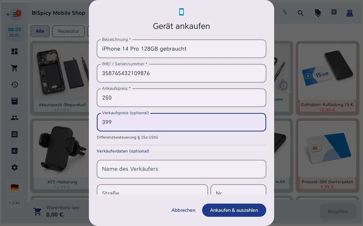 Ausgefüllter Ankaufsdialog mit Samsung S23 256GB gebraucht, IMEI 351234509876543, Ankaufspreis 180 und Verkaufspreis 299