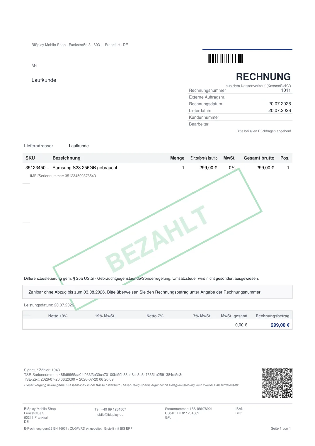 DIN-A4-Rechnung eines Gebrauchtgeräteverkaufs mit 0 Prozent Mehrwertsteuer, der IMEI als eingerückte Zeile unter dem Artikelnamen und dem Pflichthinweis zur Differenzbesteuerung nach § 25a UStG