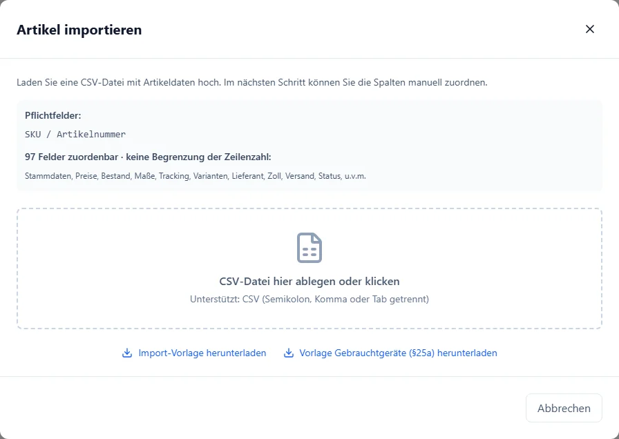 Dialog Artikel importieren in BIS ERP mit Pflichtfeld SKU / Artikelnummer, dem Ablagefeld für die CSV-Datei und den Verweisen Import-Vorlage herunterladen und Vorlage Gebrauchtgeräte (§25a) herunterladen