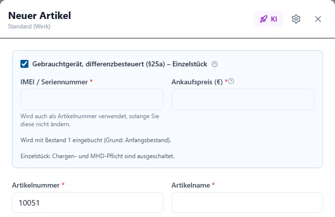 Maske Neuer Artikel in BIS ERP mit gesetztem Haken Gebrauchtgerät, differenzbesteuert (§25a) – Einzelstück, den Pflichtfeldern IMEI / Seriennummer und Ankaufspreis und den Hinweisen, dass die IMEI als Artikelnummer dient, das Gerät mit Bestand 1 eingebucht wird und Chargen- und MHD-Pflicht ausgeschaltet sind