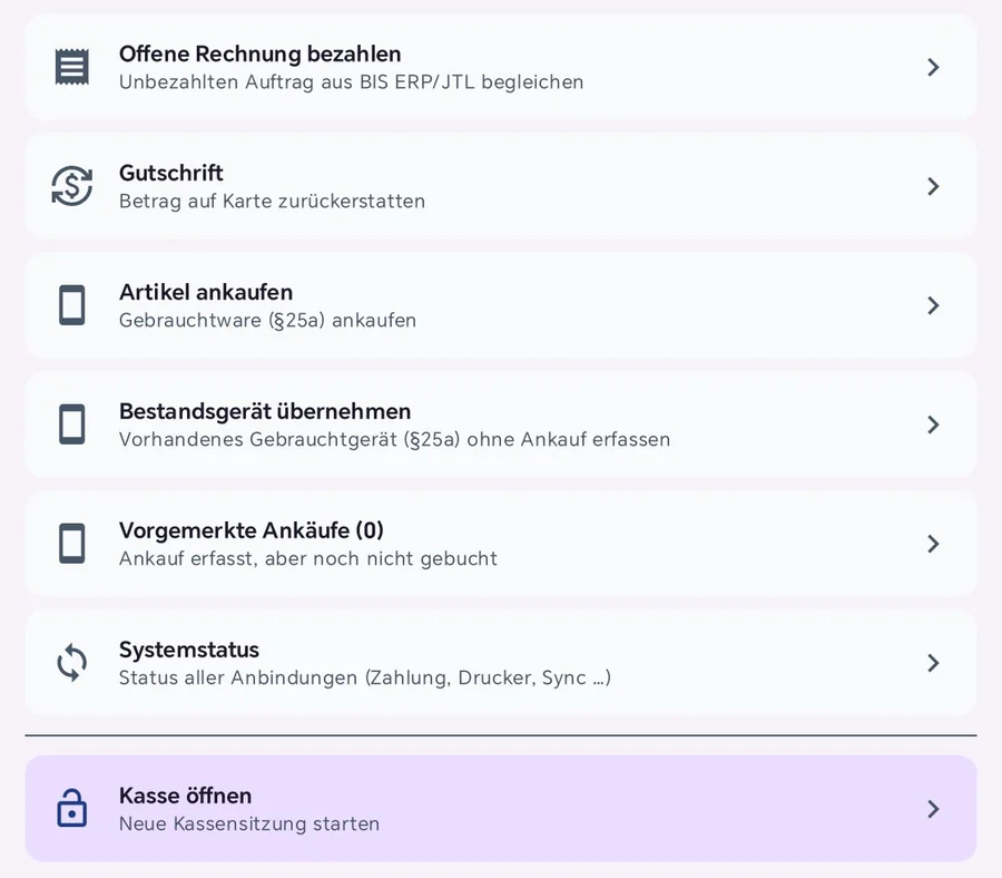 Kassenverwaltung der Kasse mit den Einträgen Offene Rechnung bezahlen, Gutschrift, Artikel ankaufen (Gebrauchtware §25a ankaufen), Bestandsgerät übernehmen, Vorgemerkte Ankäufe (0), Systemstatus und Kasse öffnen