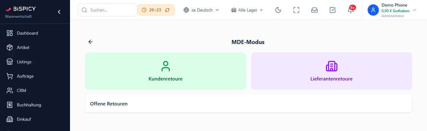 MDE-Modus der Retouren in BIS ERP: oben ein großer grüner Knopf Kundenretoure und ein großer violetter Knopf Lieferantenretoure, darunter der Bereich Offene Retouren
