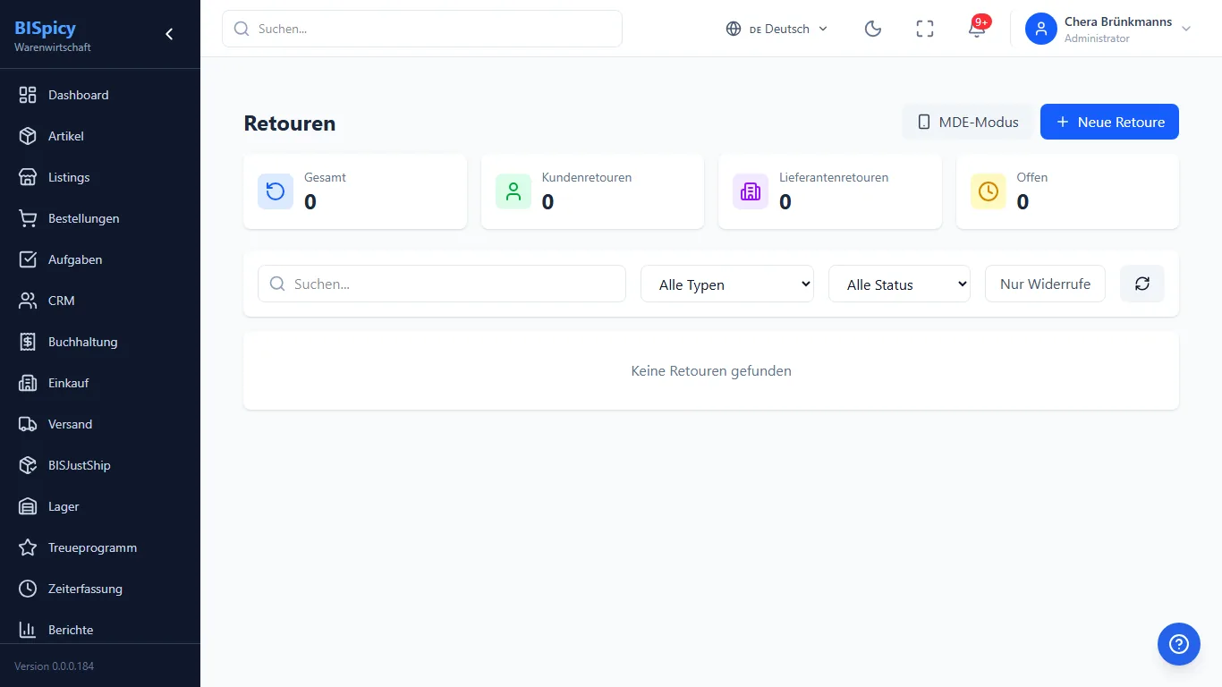 Retouren-Modul in BISpicy ERP: Kennzahlen Gesamt, Kundenretouren, Lieferantenretouren und Offen, Filter nach Typ und Status, Schaltflächen MDE-Modus und Neue Retoure