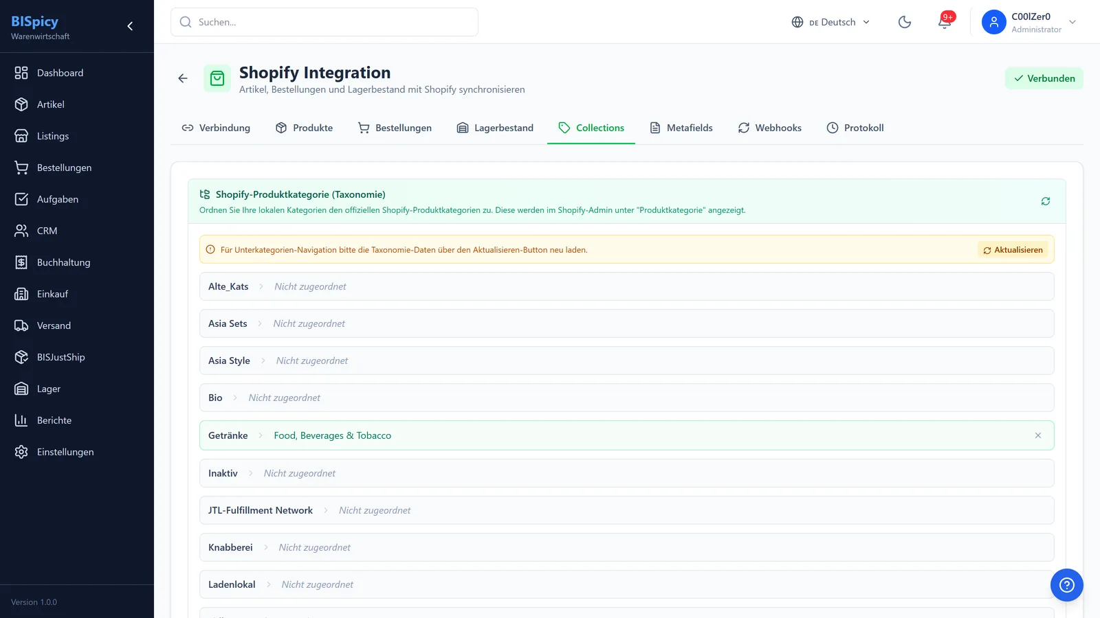 Collection-Zuordnung mit Shopify-Taxonomie-Mapping