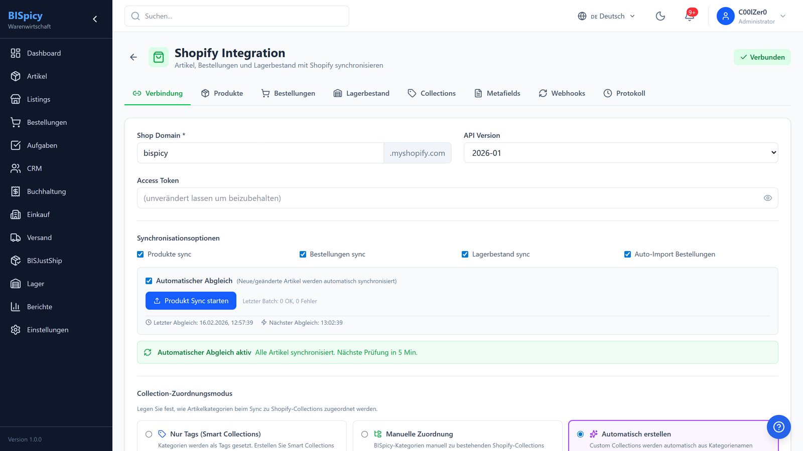 Shopify Verbindungseinstellungen mit Shop-Domain, Access Token und Synchronisationsoptionen