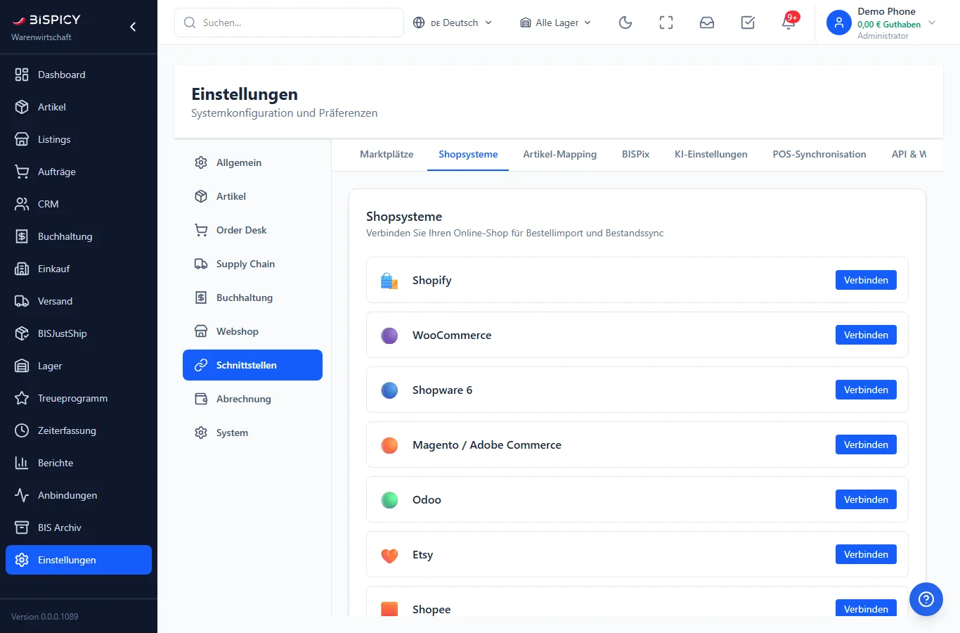 BIS ERP Einstellungen, Bereich Schnittstellen, Reiter Shopsysteme mit Shopify, WooCommerce, Shopware 6, Magento, Odoo, Etsy und Shopee, jeweils mit Knopf Verbinden