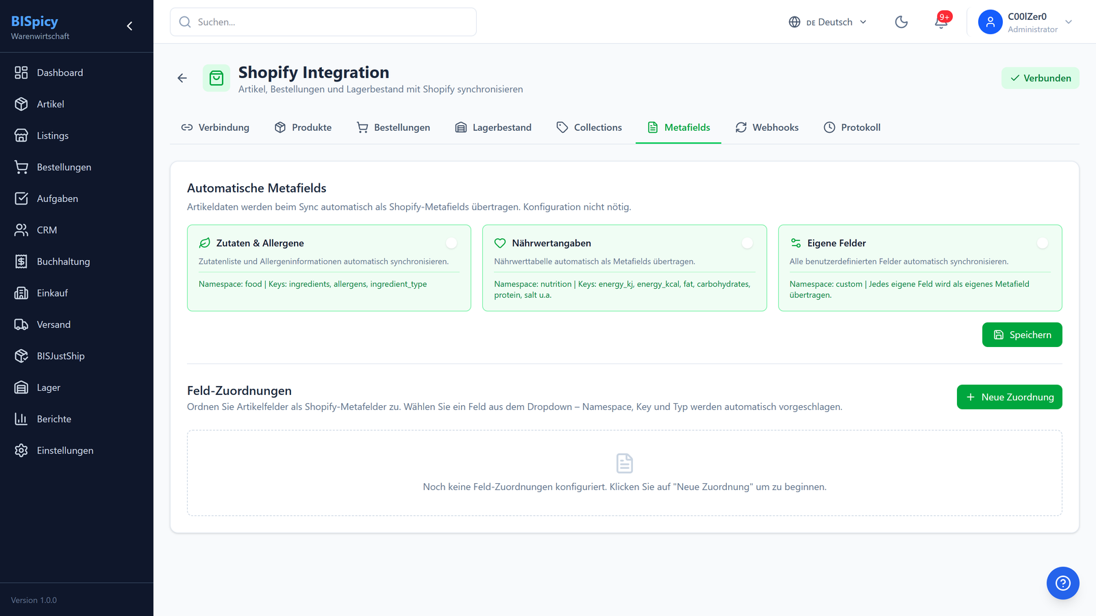 Metafield-Konfiguration mit automatischem Sync für Zutaten, Nährwerte und eigene Felder