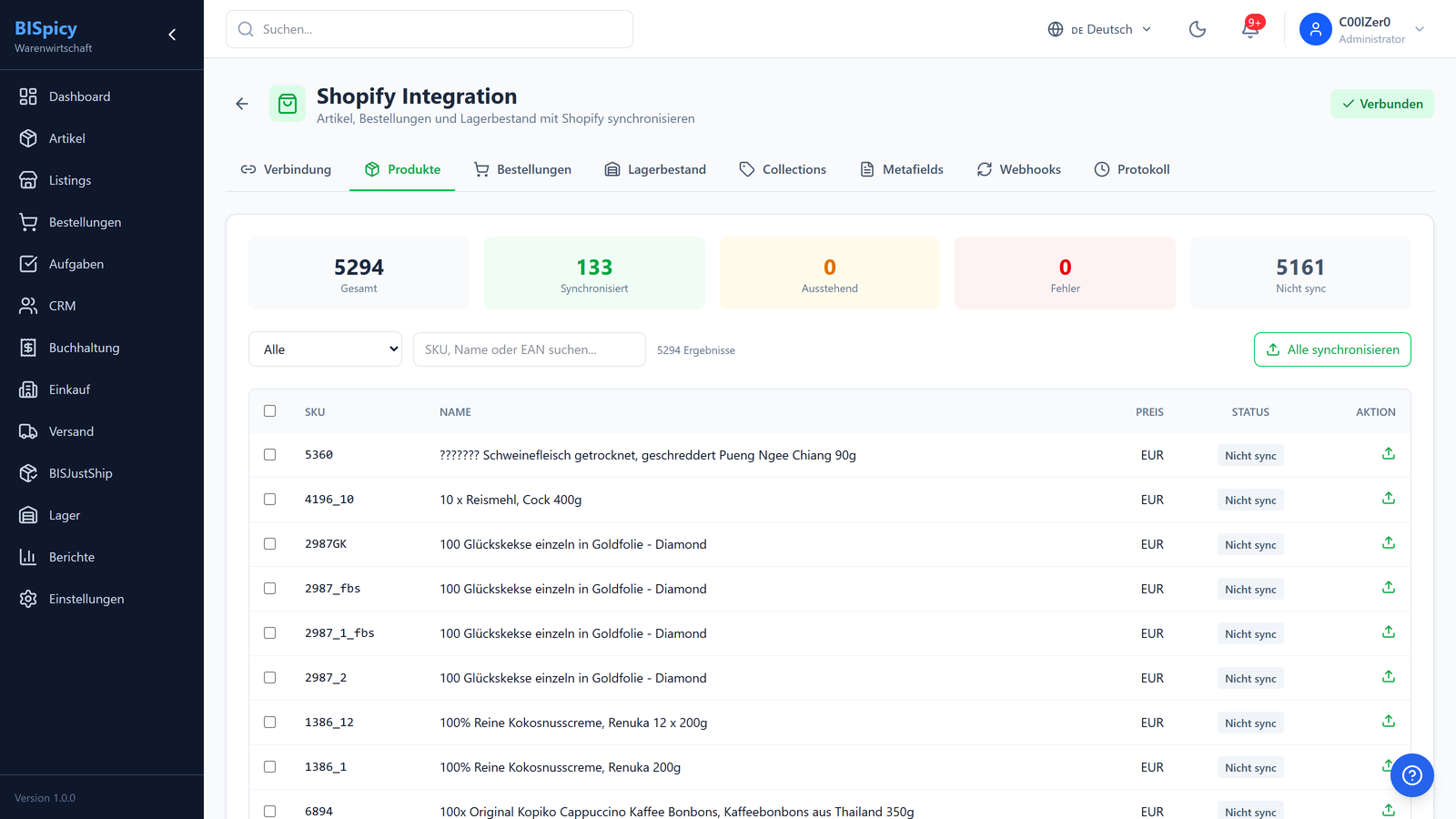 Produktliste mit Sync-Status, SKU, Name und Preis