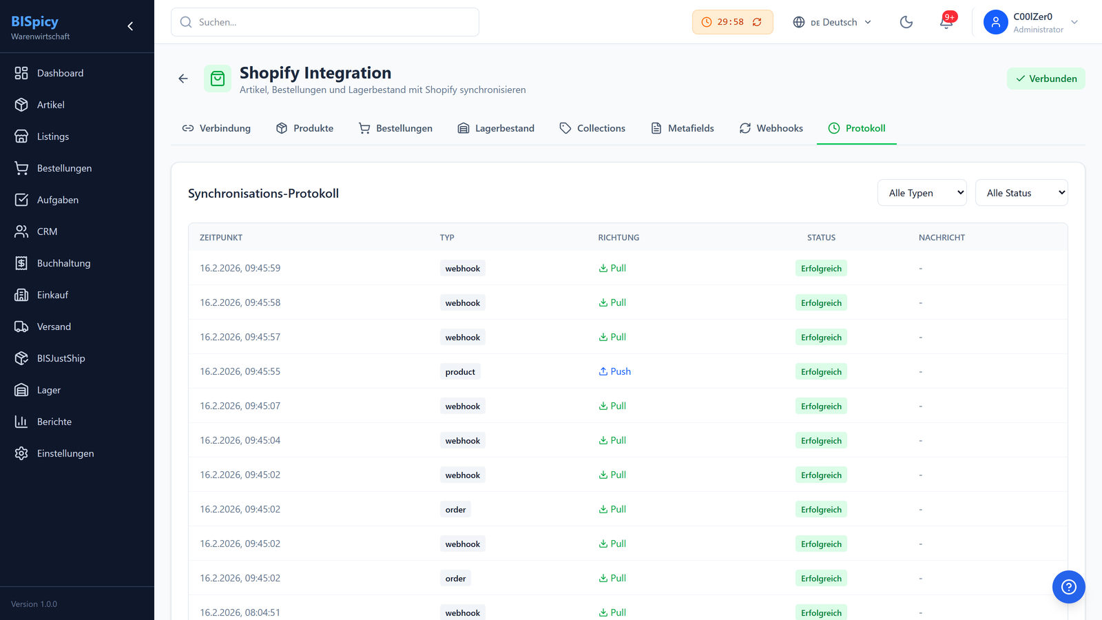Synchronisations-Protokoll mit Zeitstempel, Typ, Richtung und Status