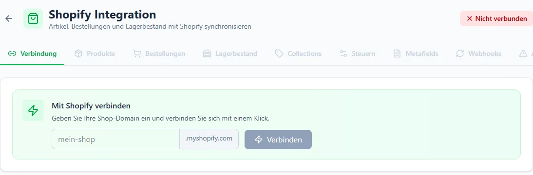 Seite Shopify Integration in BIS ERP mit Status Nicht verbunden, ausgegrauten Reitern und dem Kasten Mit Shopify verbinden mit Eingabe der Shop-Domain und Knopf Verbinden