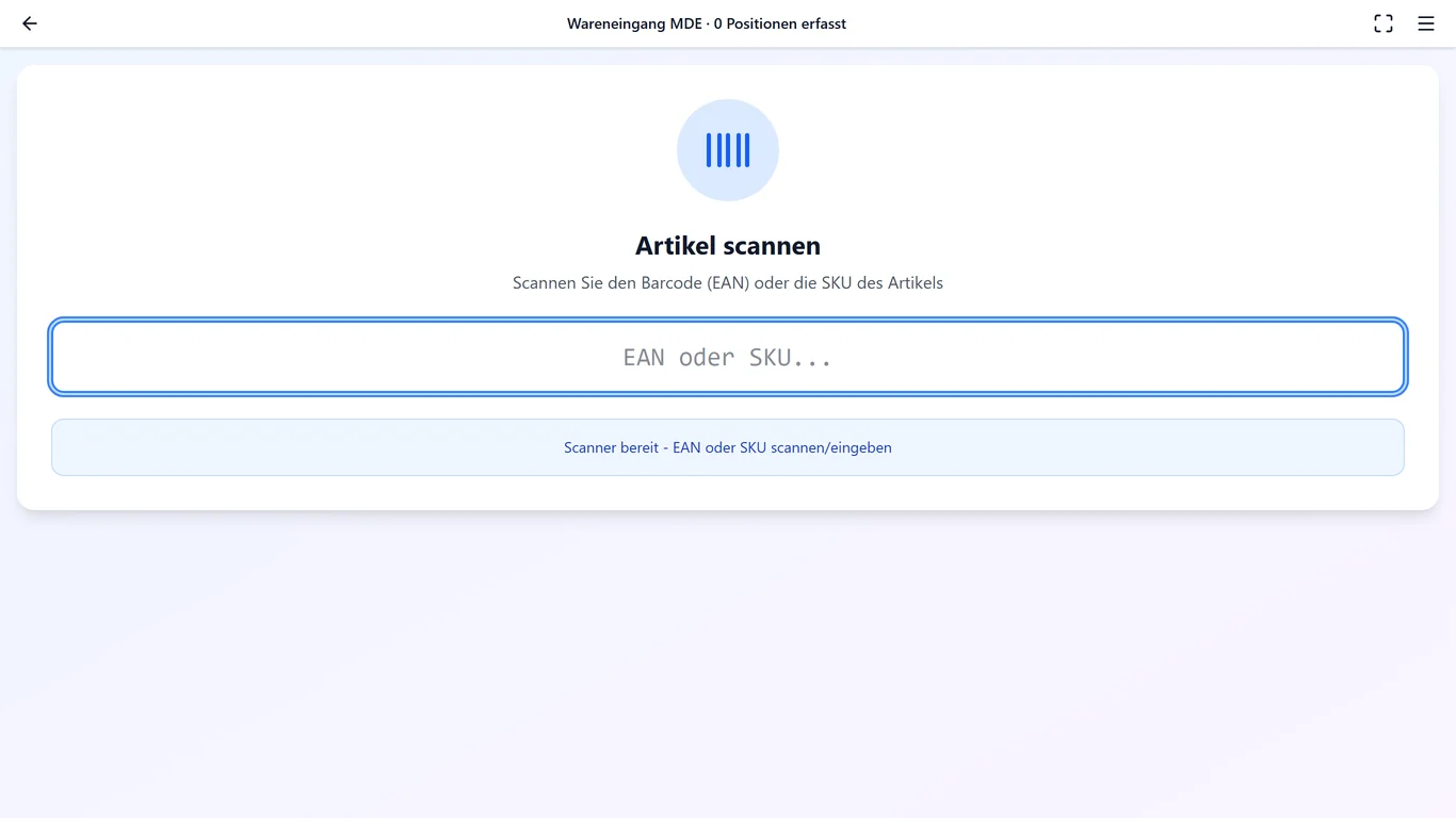 Wareneingang am Scanner in BIS ERP: der Schritt Artikel scannen mit Fortschrittsbalken, dem Eingabefeld für EAN oder SKU und der Statuszeile Scanner bereit