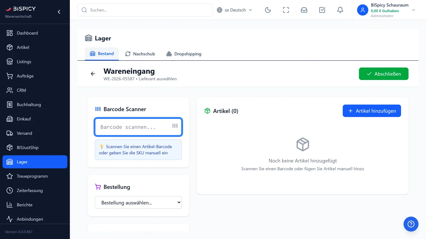 Wareneingang am PC in BIS ERP: links Barcode-Scanner, Auswahl einer Bestellung sowie Felder für Lieferant und Lieferschein, rechts die Positionsliste mit Artikel, Soll, Ist, Lagerplatz, MHD und Status