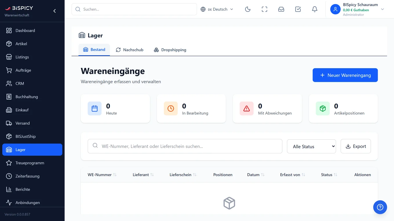 Wareneingänge in BIS ERP: Liste mit WE-Nummer, Lieferant, Lieferschein, Positionen, Datum, Erfasst von und Status, darüber die Kennzahlen Heute, In Bearbeitung, Mit Abweichungen und Artikelpositionen sowie die Schaltfläche Neuer Wareneingang
