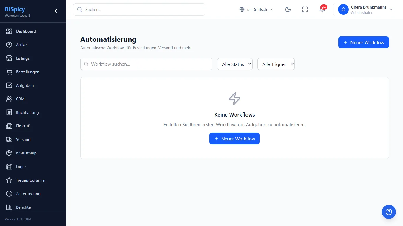 Automatisierung in BISpicy ERP: Workflow-Liste mit Suche und Filtern nach Status und Trigger, Schaltfläche Neuer Workflow und Leerzustand mit Aufforderung den ersten Workflow zu erstellen