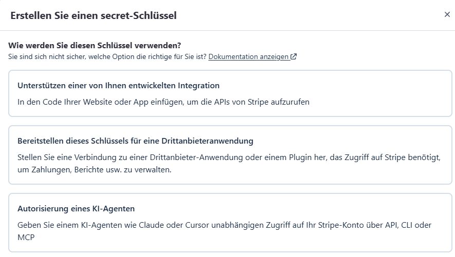 Stripe Secret-Key erstellen Dialog