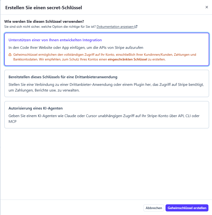 Schlüsseltyp: Eigene Integration ausgewählt