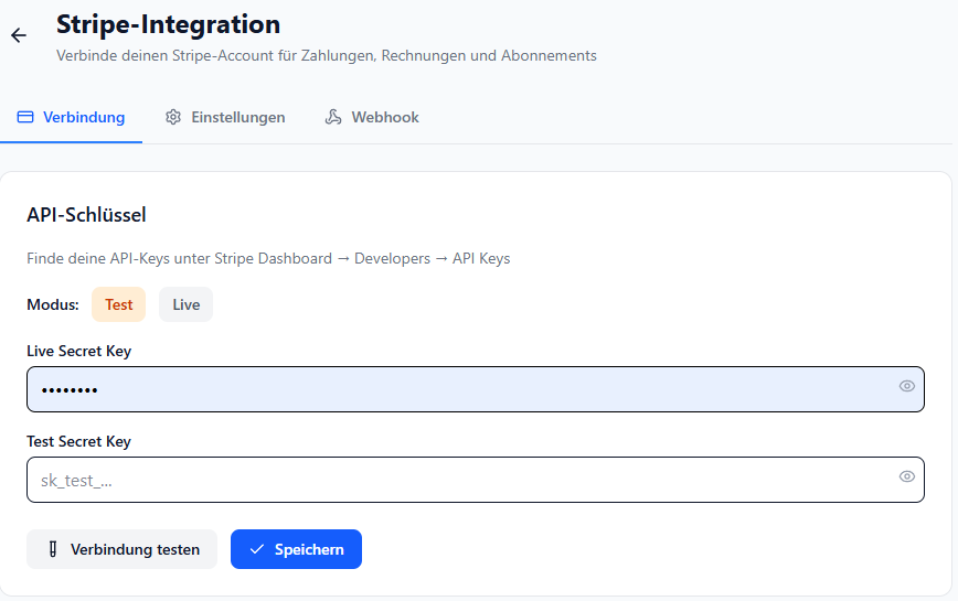 Stripe Verbindung — API-Schlüssel eintragen
