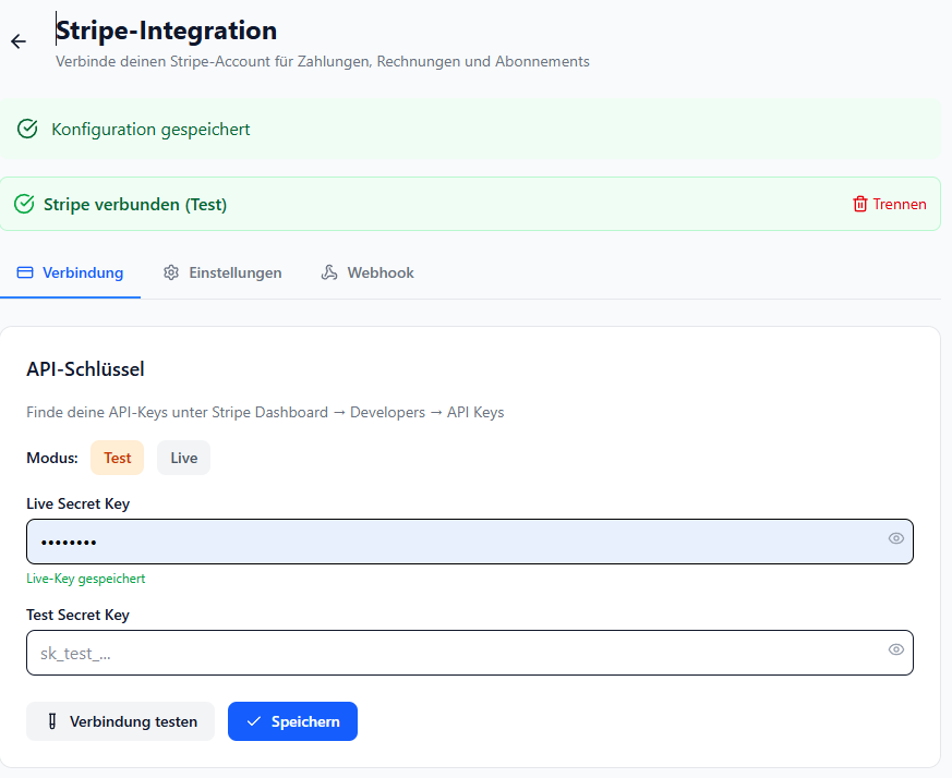 Stripe verbunden (Test-Modus)