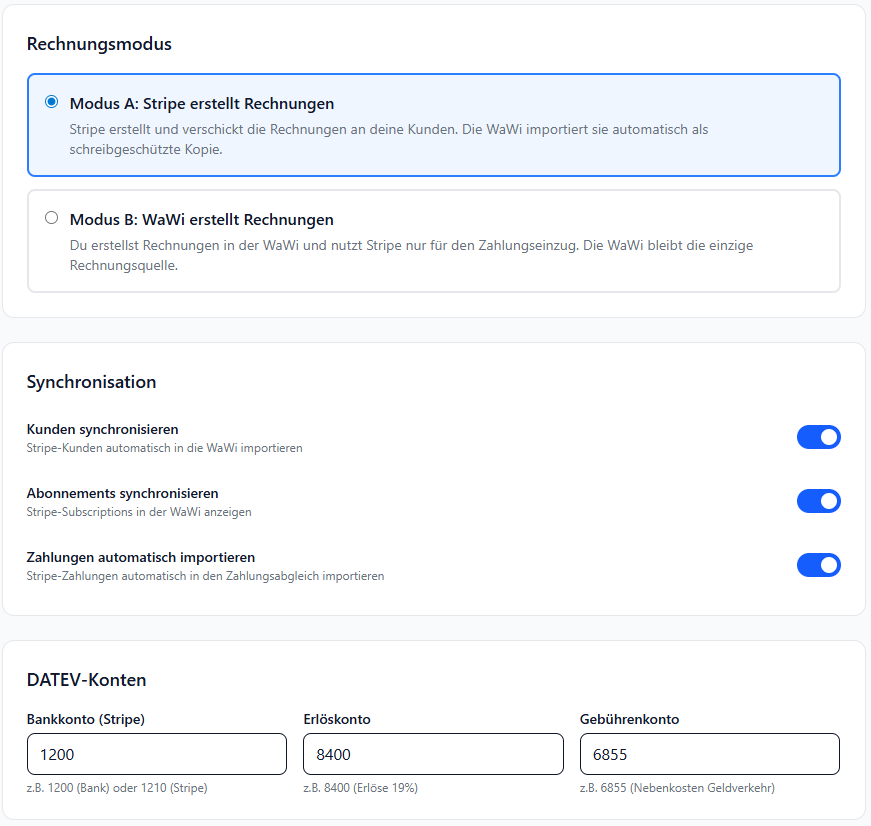 Einstellungen-Tab: Rechnungsmodus, Sync & DATEV