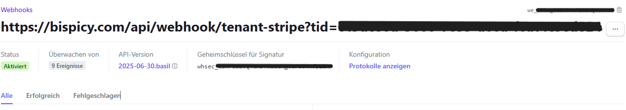 Webhook aktiviert in Stripe